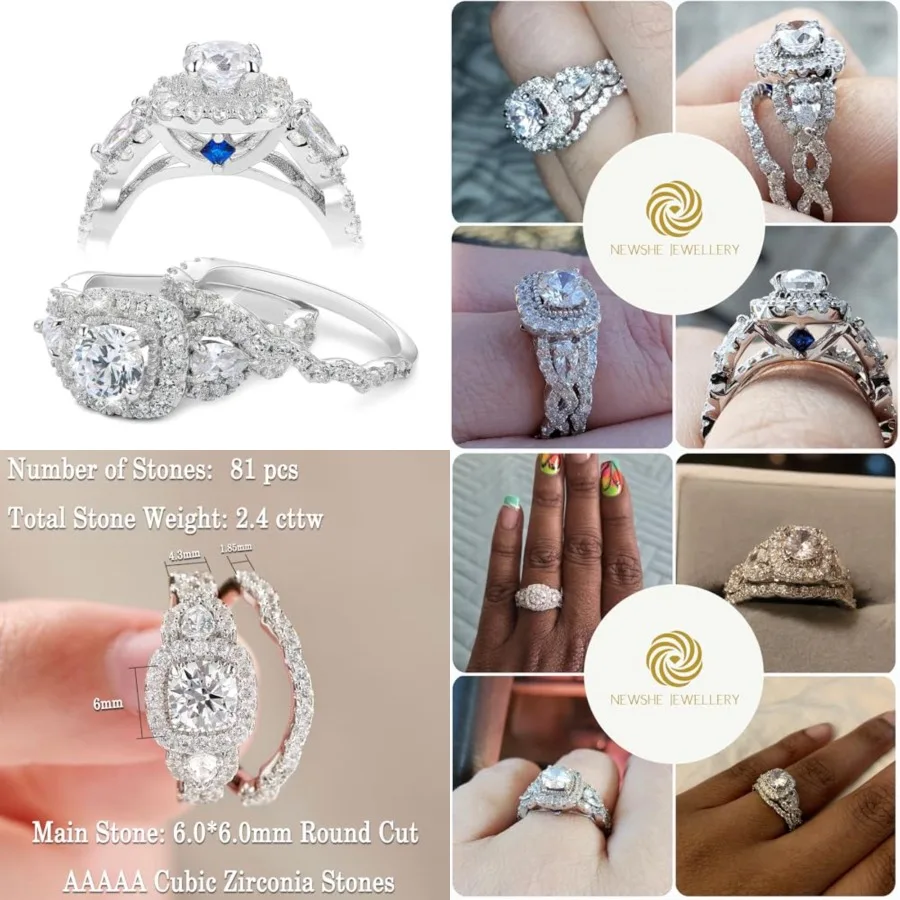 

Newshe Jewellery Engagement Wedding Ring Set For Women Sterling Silver Blue Sahhpire Bridal Round Pear White Size