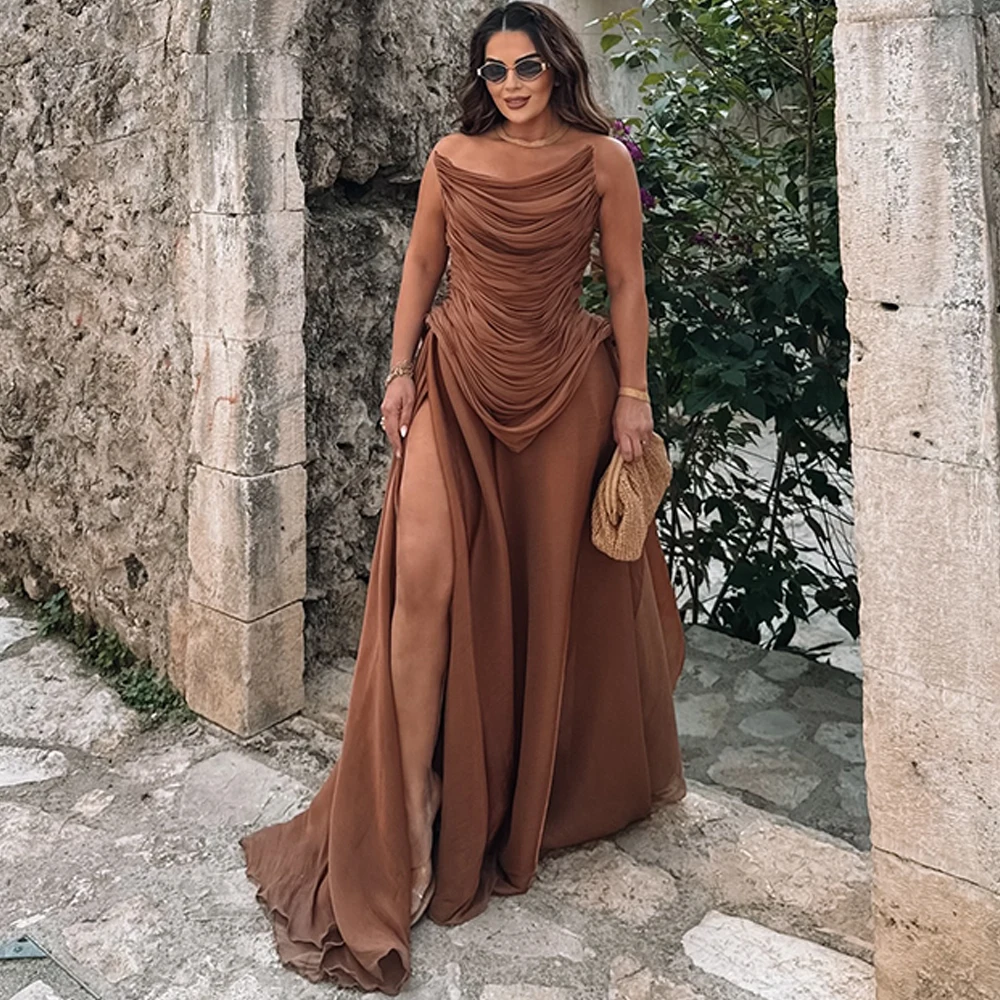 

Classic Strapless Sleeveless Evening Dress Elegant Chiffon Prom Dresses Luxury Sweep Train Customized Bespoke Occasion Gowns