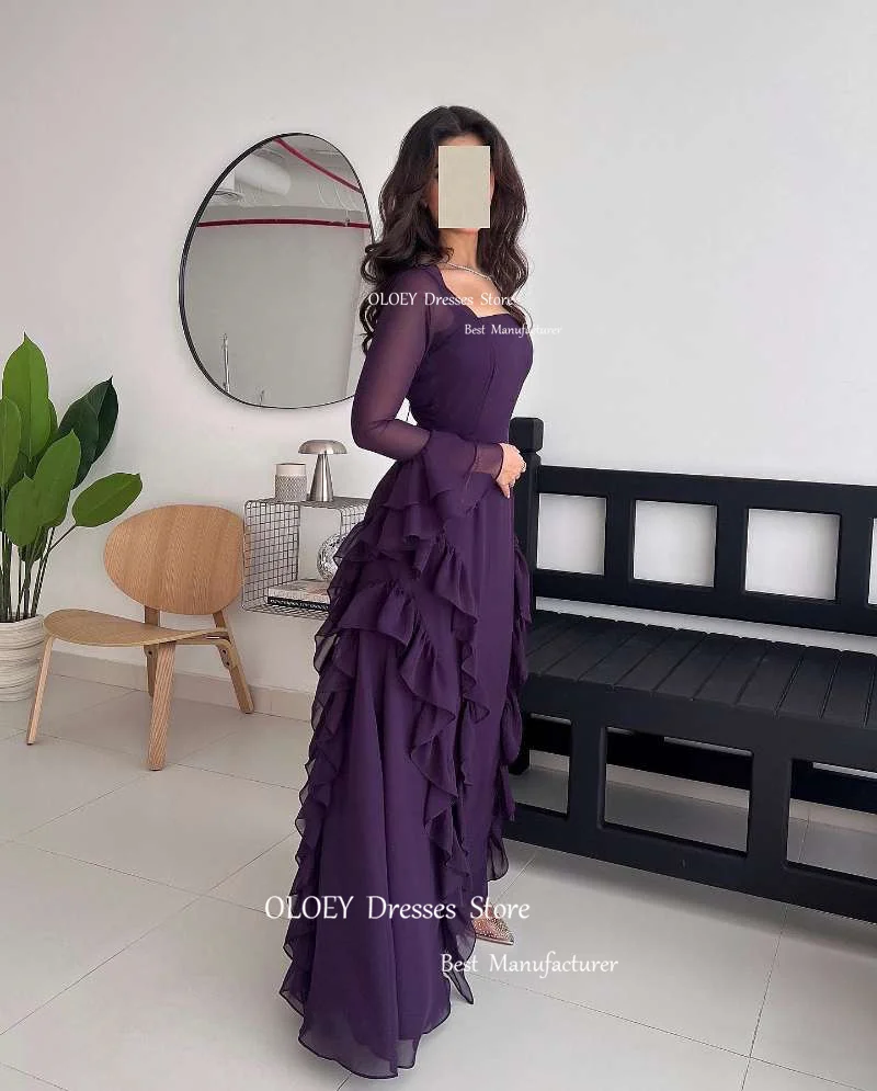 Oloey Vintage Traube lila Abendkleider saudi arabische Frauen lange Ärmel quadratischen Hals Rüschen Ballkleider formelle Party kleid