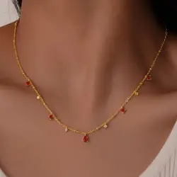 Bead Chain Red Zircon Square Water Drop Necklace for Women Gold Color Fashion Trendy Clavicle Chain Necklaces Girls Jewelry Gift
