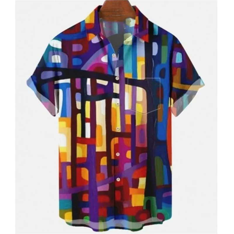 

Cool Hawaiian Rainbow Colorful Plaid Shirt For Man Oversized 3d Fashion Causal Short Sleeve Simple Button Beach Clothing Summer