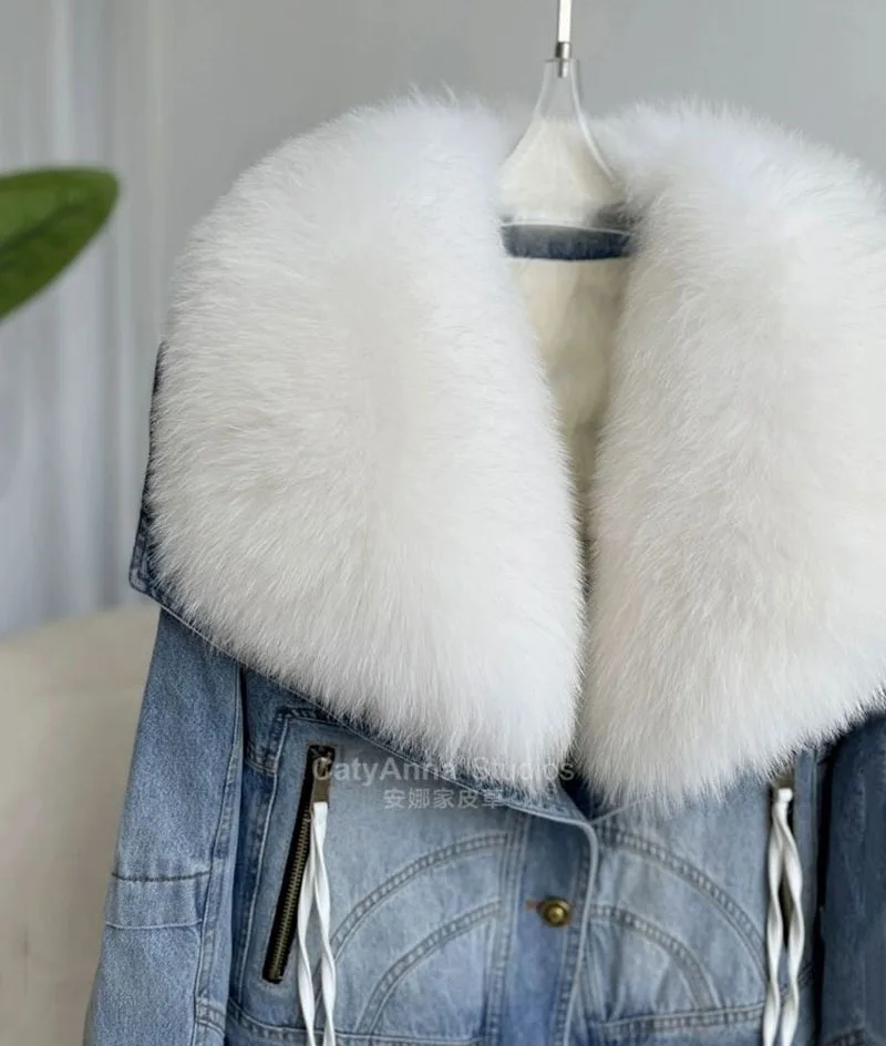 2023 New Womens Winter Denim Jacket With Large fur collar Lady Leisure Fashion Streetwear White Duck Down Coat Parka