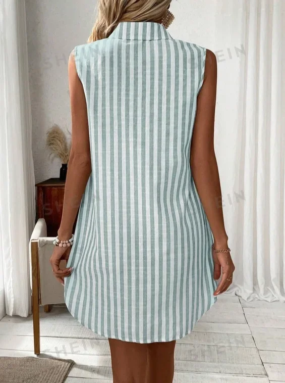 CPSYMYM Minimalistyczna sukienka damska bez rękawów z dekoltem w szpic i guzikami w paski z nadrukiem Modna luźna wygodna codzienna damska