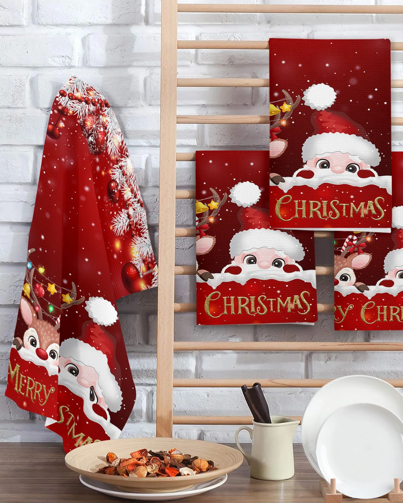 Kerst Rode Santa Claus Elandbal Lantaarn 30*30Cm Wafel Microfiber Keuken Handdoek Zachte Reinigingsdoek Schuursponsje Veeg Doek
