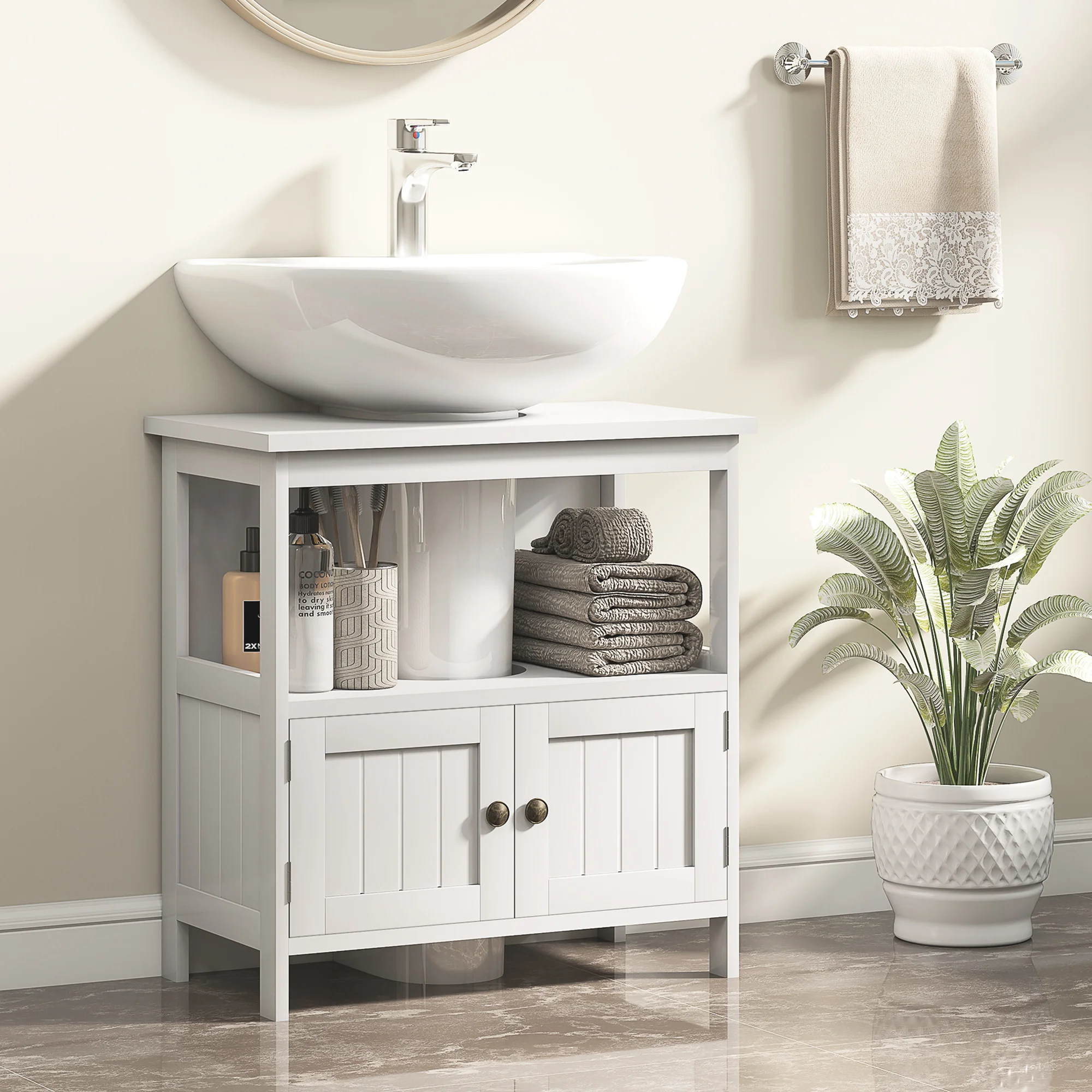 Pedestal Sink Storage Cabinet, Bathroom Under Sink Cabinet with 2 Doors and Open Shelf, Bathroom Vanity, White