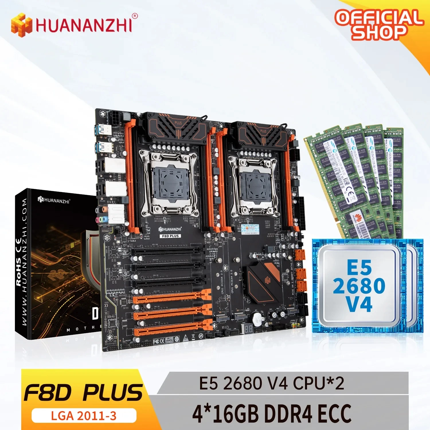 

HUANANZHI X99 F8D plus LGA 2011-3 Xeon, совместимая материнская плата Intel E5 2680 V4, двойной процессор, 4*16 ГБ, DDR4 ECC, комбинированный комплект