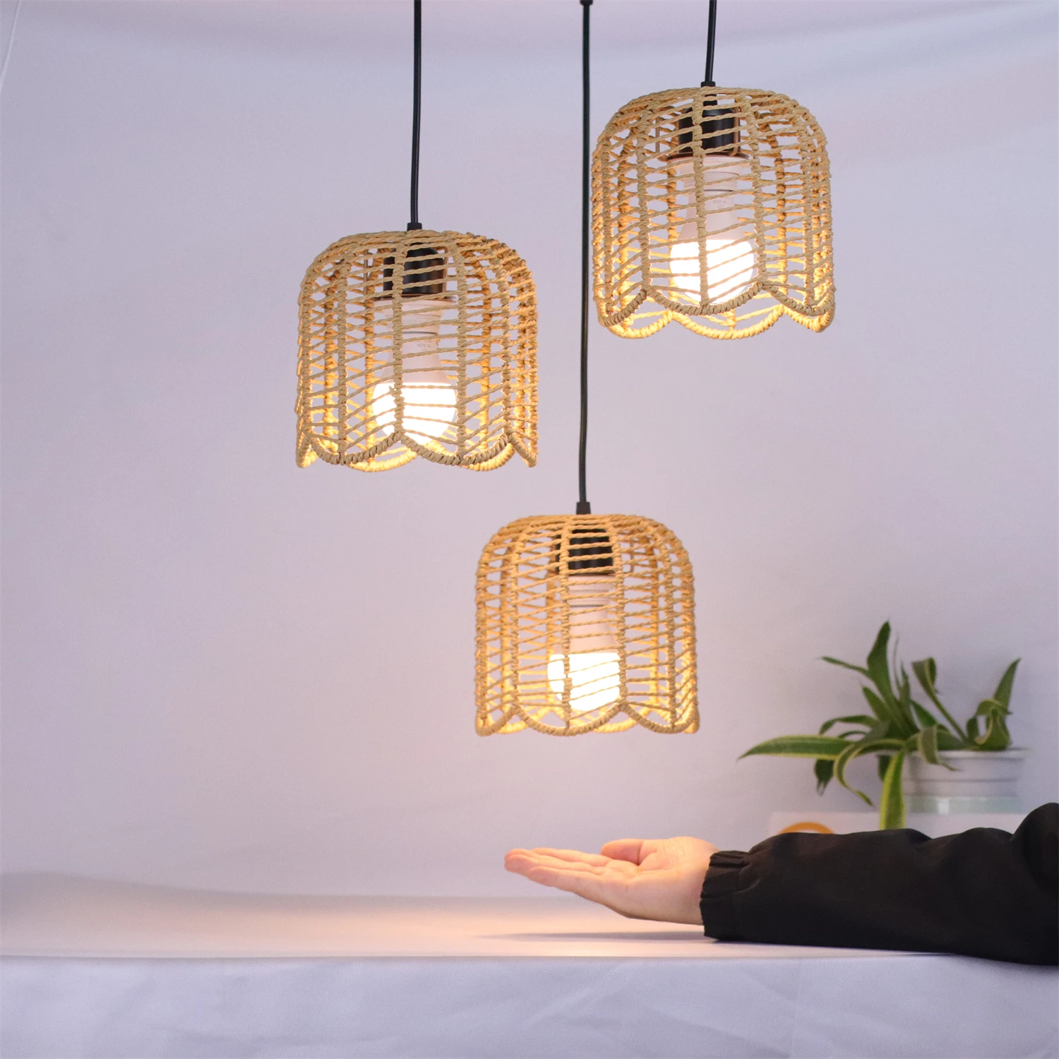 

JOYINLED Paper Rope Chandelier Vintage Farmhouse E27 Hand Woven Paper Rope Hanging Lamp Retro Wicker Pendant Lamp Fixture Decor