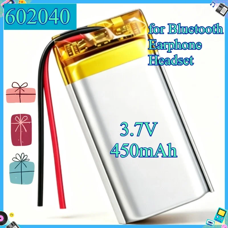 [New] 602040 3.7V 450mAh Lithium Polymer Battery Ternary Soft Pack Li-Po Battery for Bluetooth Earphone Headset