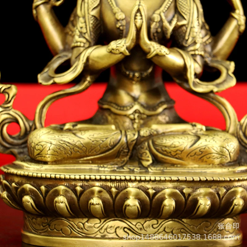 Brass Four-Armed Statue Ornament, Tibetan Tantric Buddha Lotus Seat Guanyin Bodhisattva Home Worship Craft
