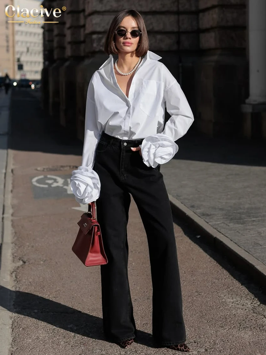 Clacive Fashion Loose White Cotton Women\'s Shirt 2025 Casual Lapel Long Sleeve Shirts Elegant Classic Solid Top Female Clothing