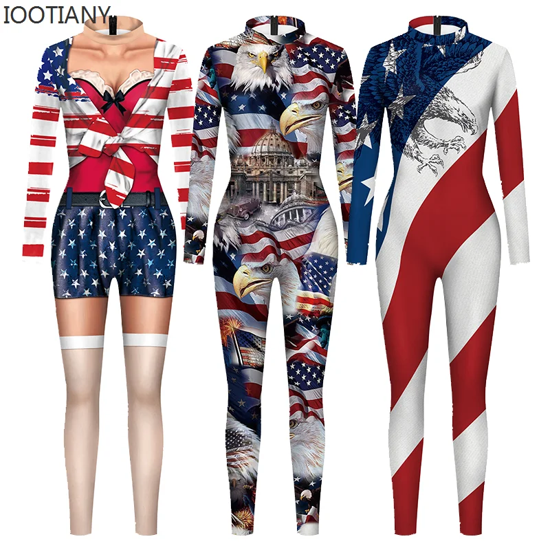 2024 Flag Printing Independence Day Carnival Women Zentai Bodysuit Stage Performance Jumpsuit Color Cosplay Costume For Woman