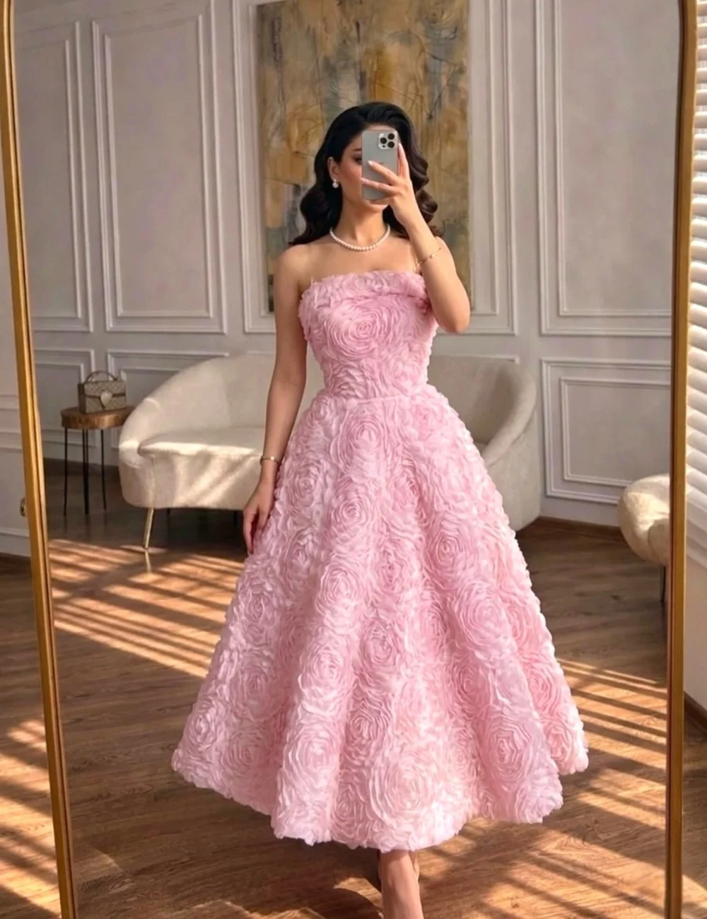 Customized Intricate Luxurious Pink Jersey Handmade Flower Pleat A-line Strapless  Ankle Length for Woman Evening Dresses