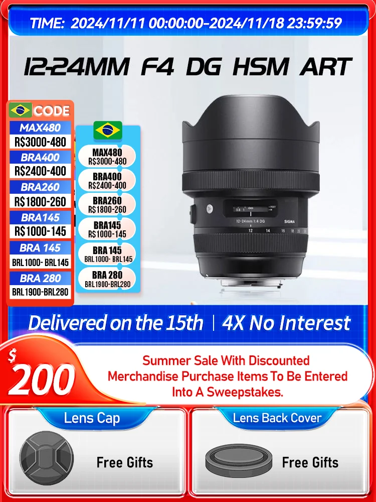 Sigma 12-24mm F4 DG HSM Art 12-24mm F4.5-5.6 II Full Frame Wide Angle Zoom Digital SLR Camera Lens for Canon Nikon 12 24 4（Used）