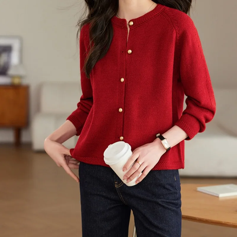 

Women Knitted Cardigans Autumn Winter Single Breasted Round Neck Casual Long Sleeve Tops Solid Vintage Soft Sweaters Female