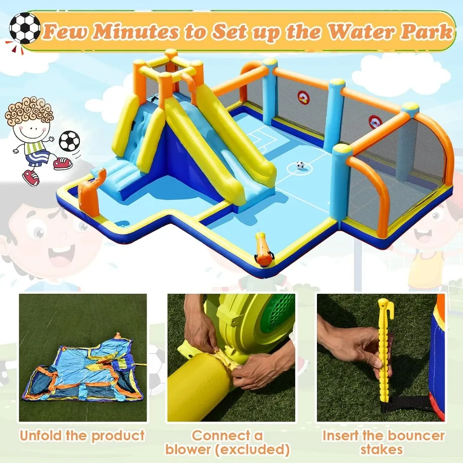 Toboggan aquatique gonflable 8 en 1, maison de rebond, parc aquatique avec buts de football, piscine anti-éclaboussures, mur d'escalade, pistolets à eau, jeu de cible, extérieur