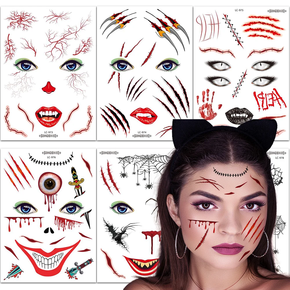

6 Sheets Halloween Face Temporary Tattoos - Scary Spider Bat Web Red blood Fake Scar Designs | Easy Removable,Horror Halloween