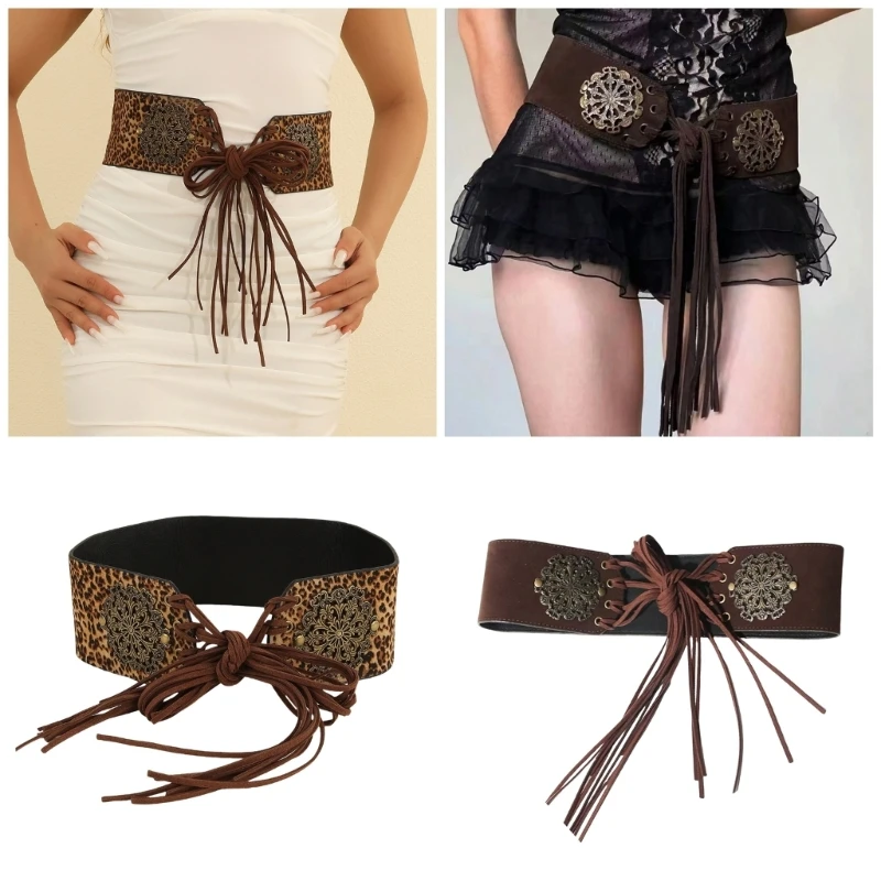 Ethnic Tassels Wide Belt Ancient Clothing Waistband with Floral Wide Tie Belt with Flower Pattern Tassels Kerchief