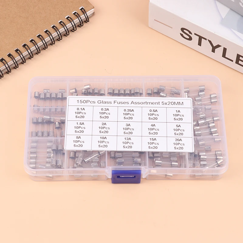 150Pcs/Box 5x20MM 15 Values Fusible Fusibles 0.1/0.2/0.5/1/2/3/4/5/6/8/10/15/20/25/30A Quick Blow Glass Tube Fuse Assorted Kit