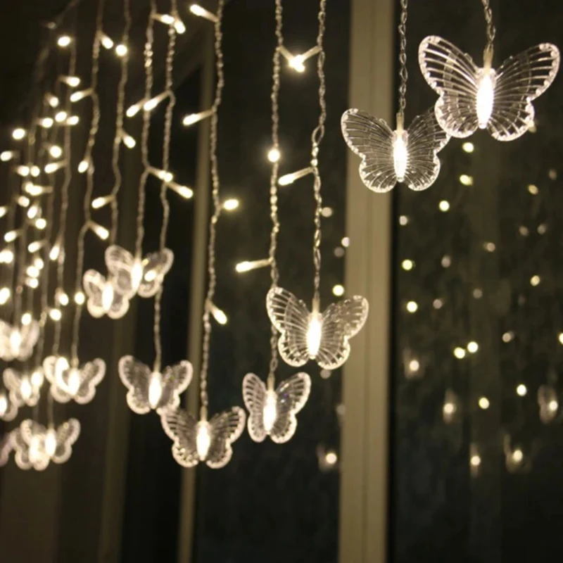 3.5M LED Butterfly Icicle Curtain Garland Fairy String Lights Indoor for Valentine\'s Day Room Wedding Birthday Party Decoration