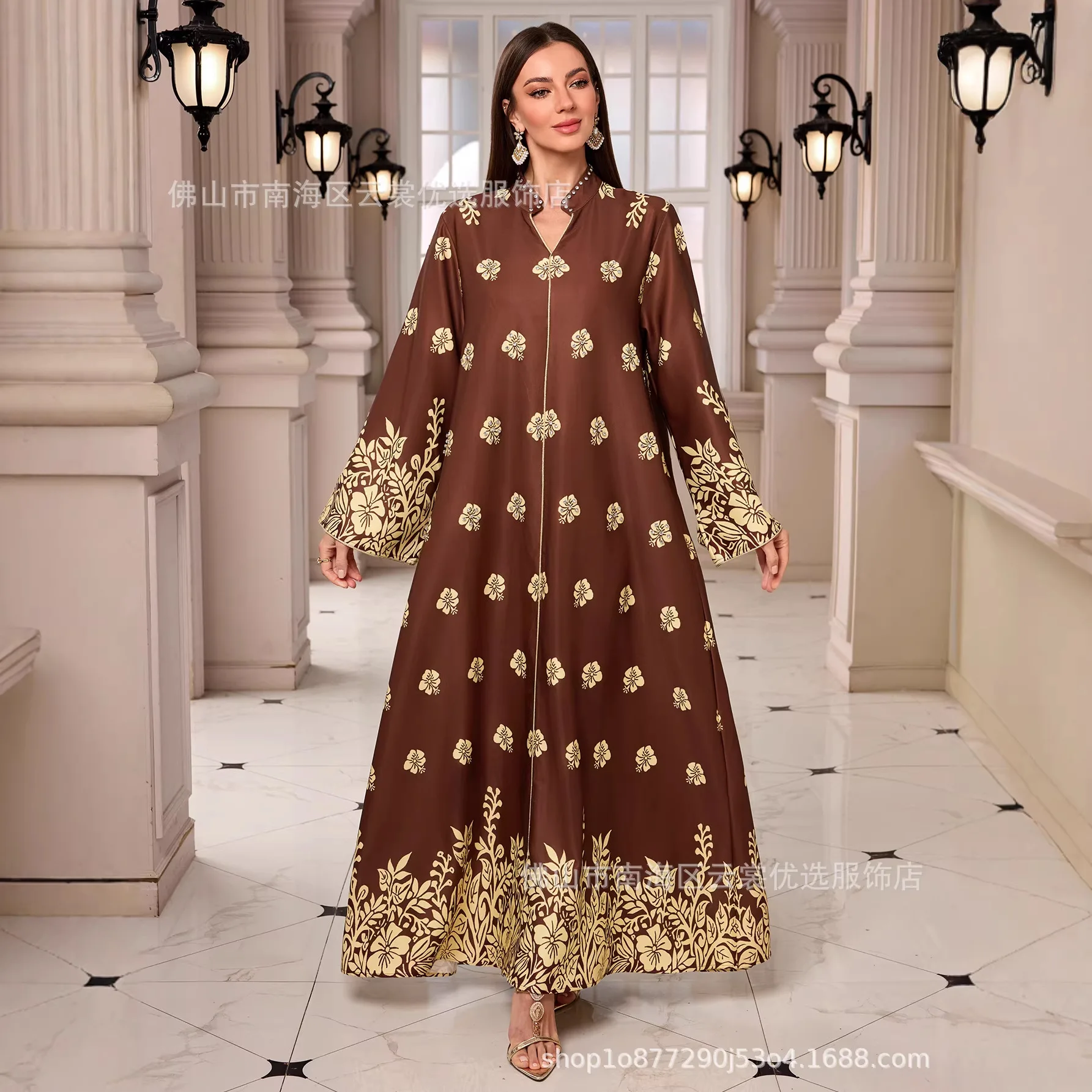 

Женское платье с принтом для Ид, мусульманская абайя, джалабия, длинные платья для Рамадана, вечерние платья с V-образным вырезом, арабская длинная роба, марокканский дубайский кафтан