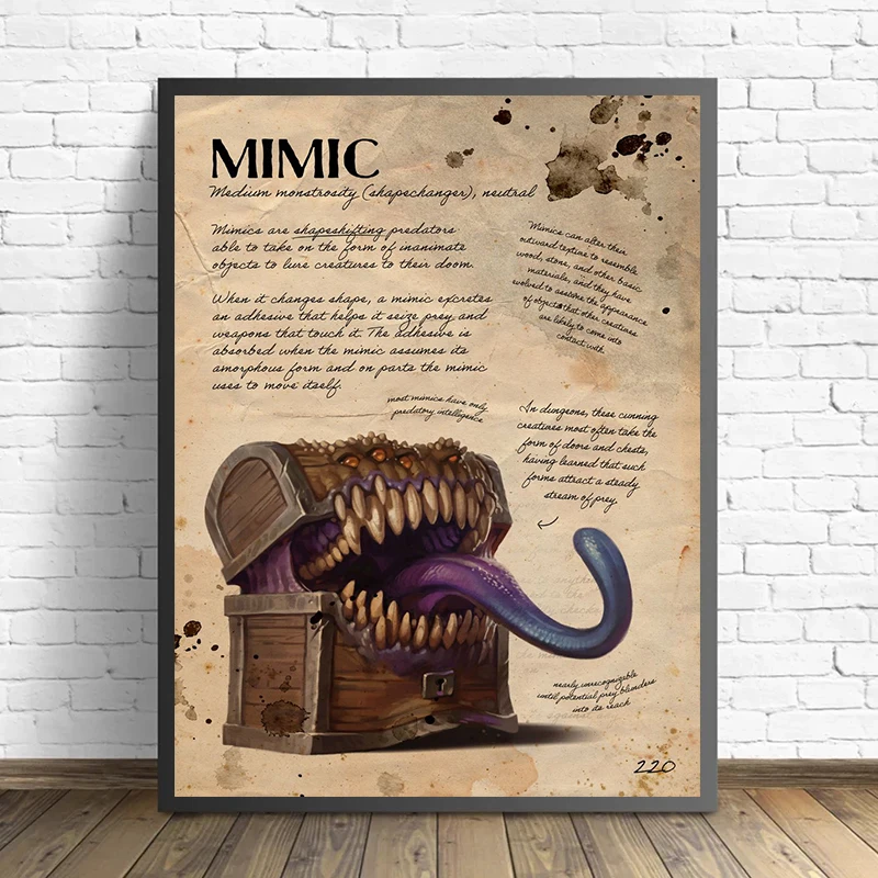 الرجعية D & D الوحش دليل لعبة الملصقات الزنزانات والتنينات قماش الطباعة جدار صورة فنية لغرفة الألعاب ديكور المنزل الهدايا