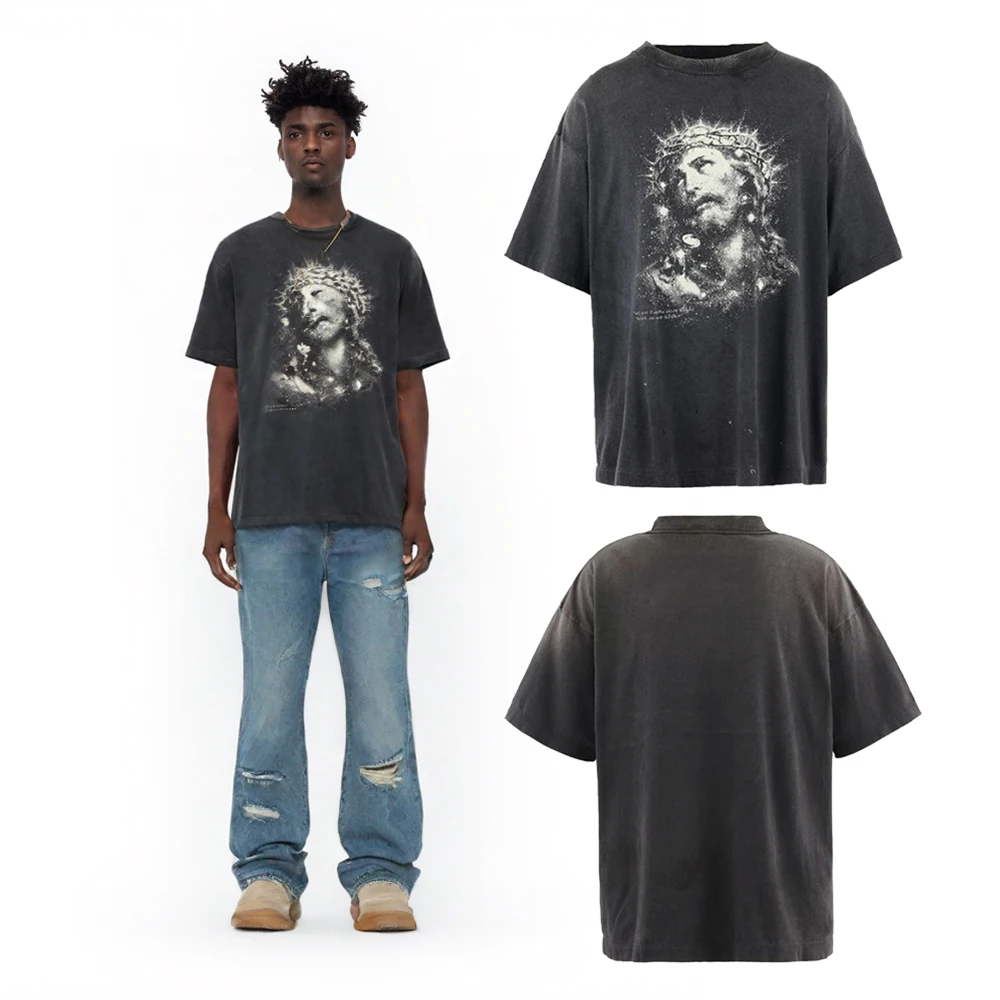 Y2k Streetwear Fluorescence Saint Graphic Short Sleeve Tees Heavy Cotton Retro Distressed Oversized HipHop Street Style T Shirts