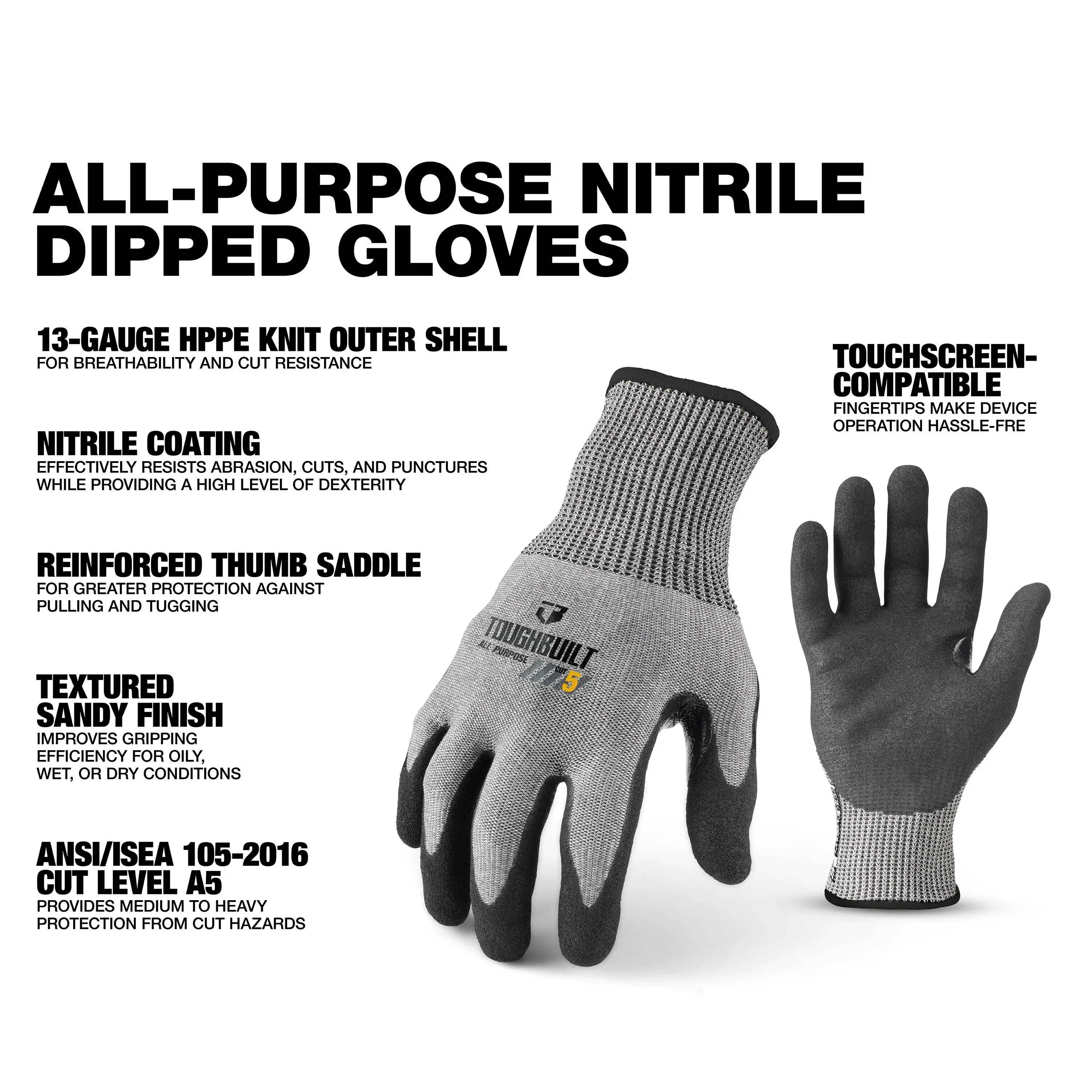 TOUGHBUILT TB-P2-112-5-L Nitrile Super Abrasion Resistant Cut Resistant Touch Screen Work Gloves Hand Protection