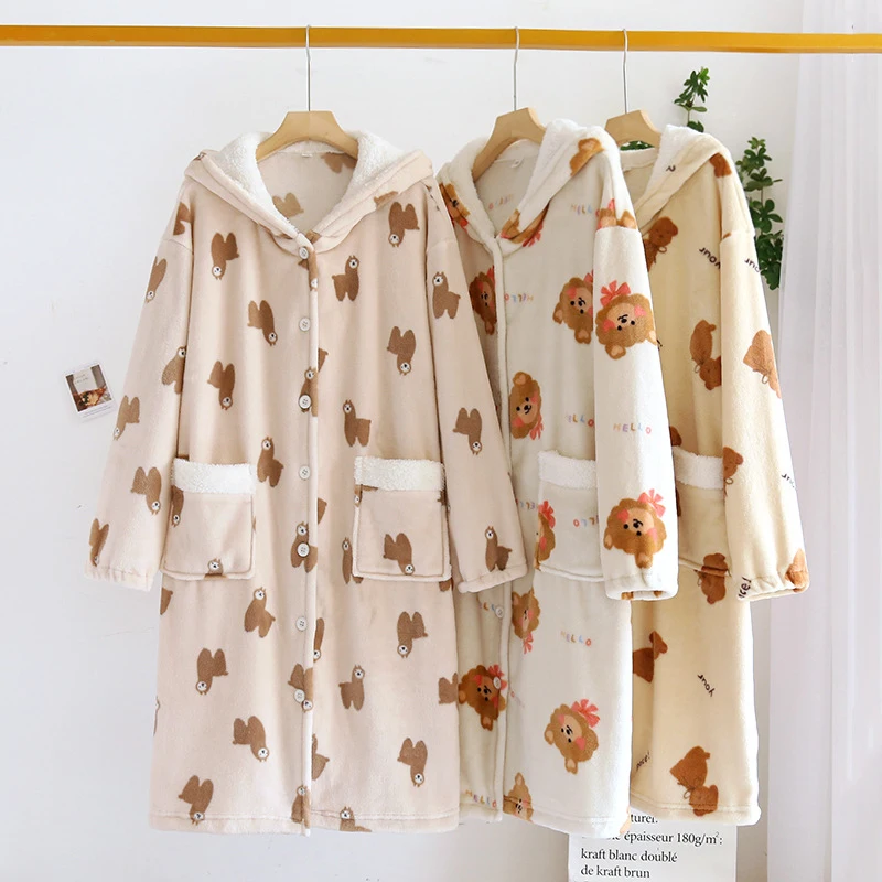 Cartoon Print Women's Kawaii Bathrobe Hooded Long Sleeve Buttons Ladies Winter Dressing Gown Fleece Fluffy Robe For Female