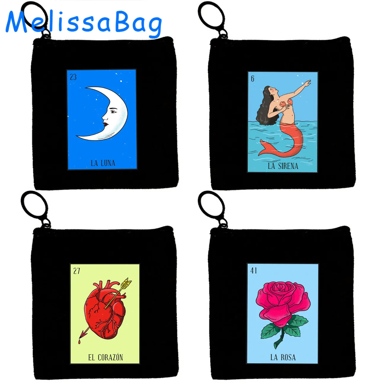 Mexico El Catrin Muertos Tarot BANDERA ESTRELLA SIRENA ROSA Loteria Card Mexican LOTTERY Canvas Coin Purse Key Case Wallet Pouch