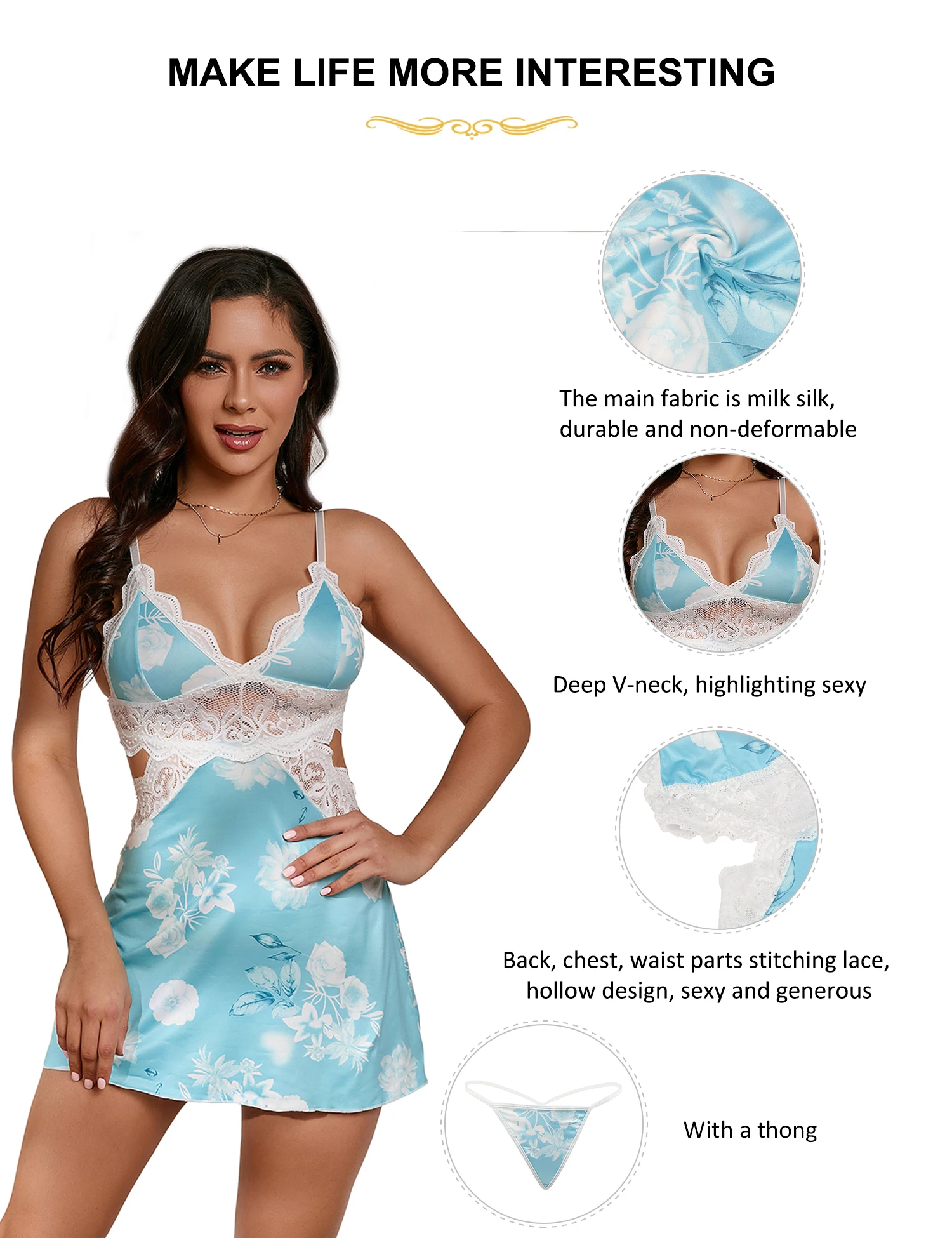 Comeondear Floral Babydoll Lingerie Strappy Satin Silk Comfort Nightgown Curvy Slim Pajamas Outfit Blue Nighdress With Thongs