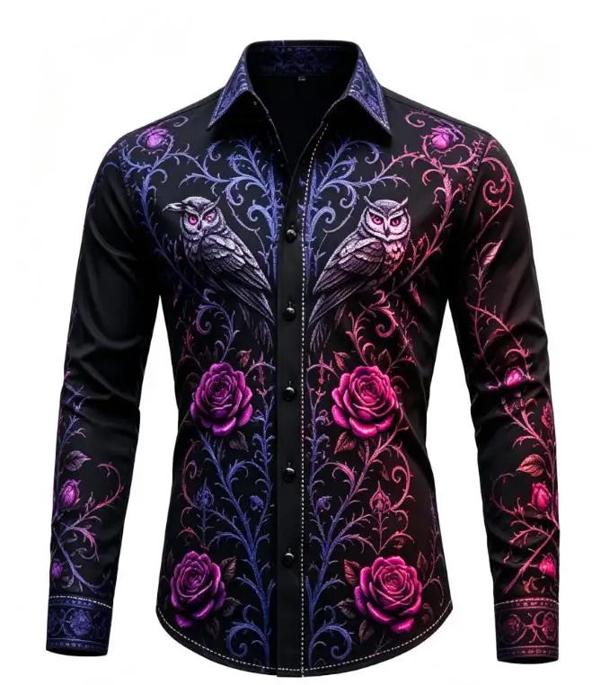 Gothic Style Men Lapel Collar Shirt Dark Base Purple Flower Owl Branch Graphic Polyester Long-Sleeve Blouse