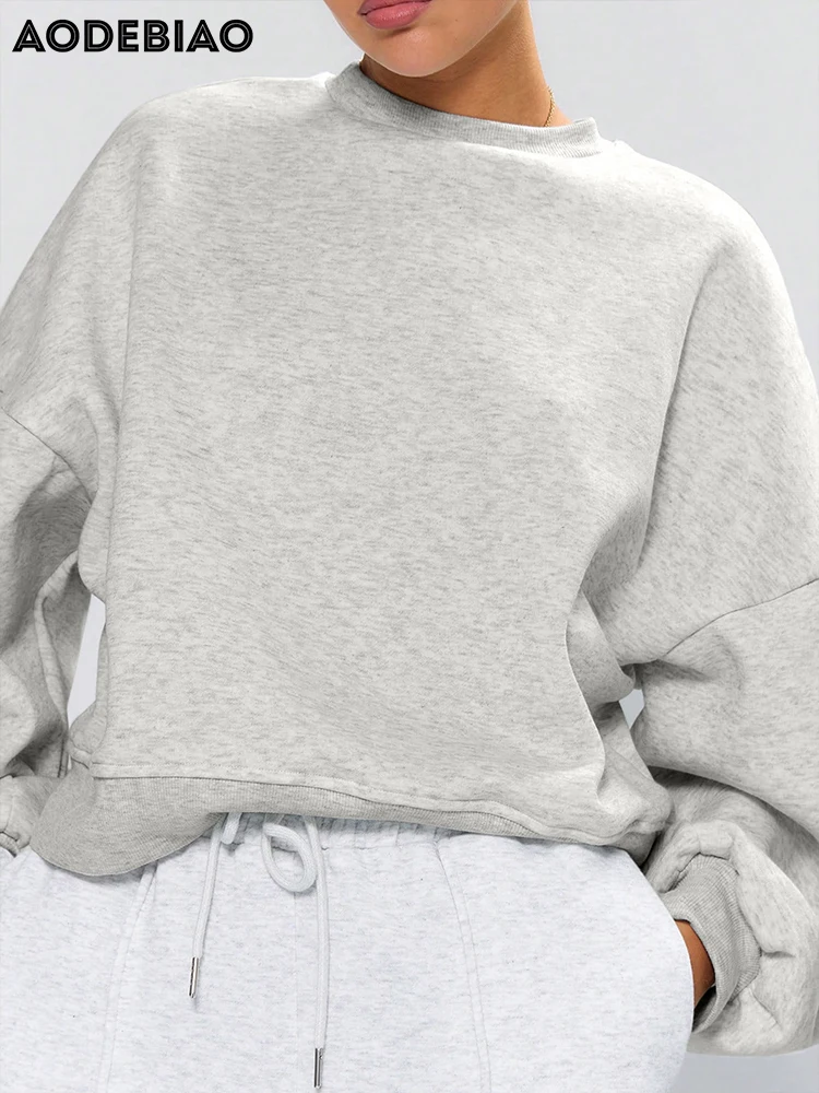 AODEBIAO Grey Sports Fitness Hoodie Women Autumn Winter Long Sleeves Fashion O-Neck Hoodie Casual Streetwear Loose Hoodie Women