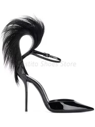 Sexy Black Fur Pointed Toe Sandals for Women Fashion Patent Leather Ankle Strap Thin High Heels Summer Banquet Party Dress Shoes