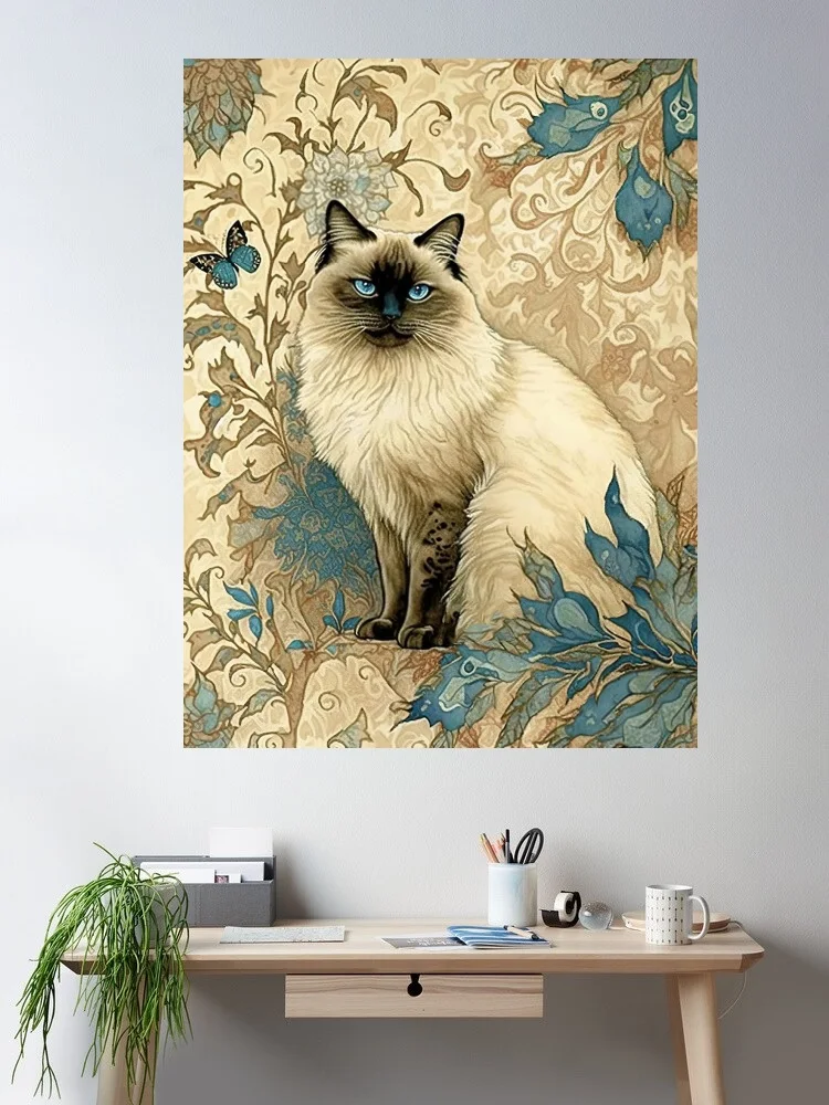 Póster en lienzo de plantas de gato Ragdoll de punto azul, pintura artística de pared para decoración del hogar