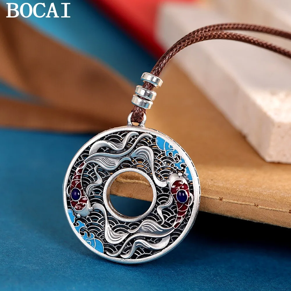 

BOCAI NEW S999 Pure Silver Retro Fashion Enamel Color Hollowed Out Double Koi Fish Necklace Pendant