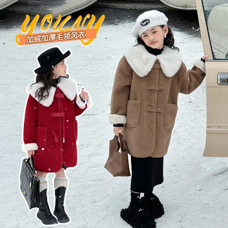 

Girls Woolen Coat Overcoat Jacket Windbreak 2024 Red Warm Plus Thicken Autumn Winter Cotton School Children's Clothing