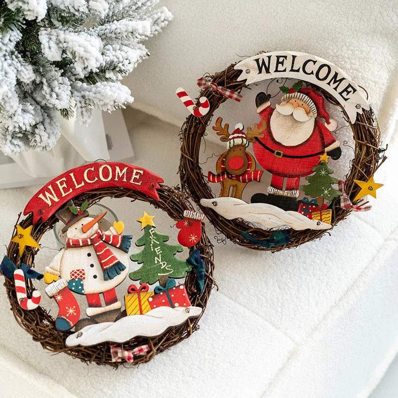 American Retro Christmas Welcome Door Plate Door Hanging Wooden Old Man Snowman Decorations Christmas Rattan Ring Wall Hanging