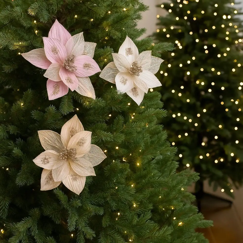 

Velvet Artificial Christmas Flower Realistic 25cm Glitter Christmas Poinsettia Beautiful Sequins Christmas Tree Ornaments