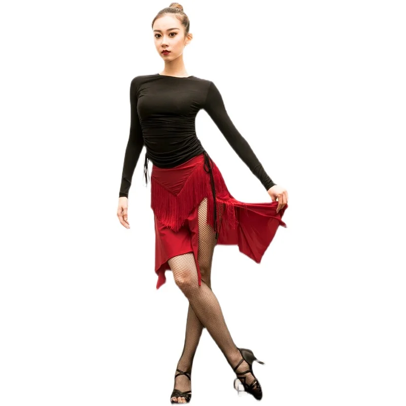 Latin Dance Skirt Tassel Tango Rumba Cha Cha Irregular Dance Skirts Professional Training Dance Slit Sexy Fringe Pratice Skirt