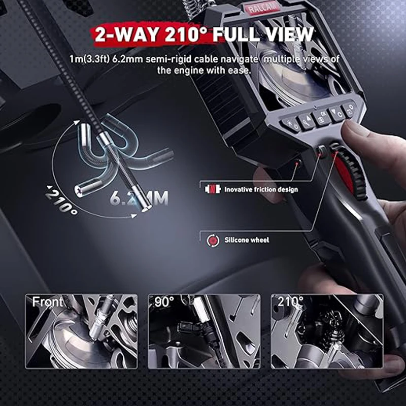 Ralcam Two-Way Articulating Borescope with Light 6.2mm Articulated Snake Camera 2MP Endoscope Inspection Camera 3.3FT Semi-rigid