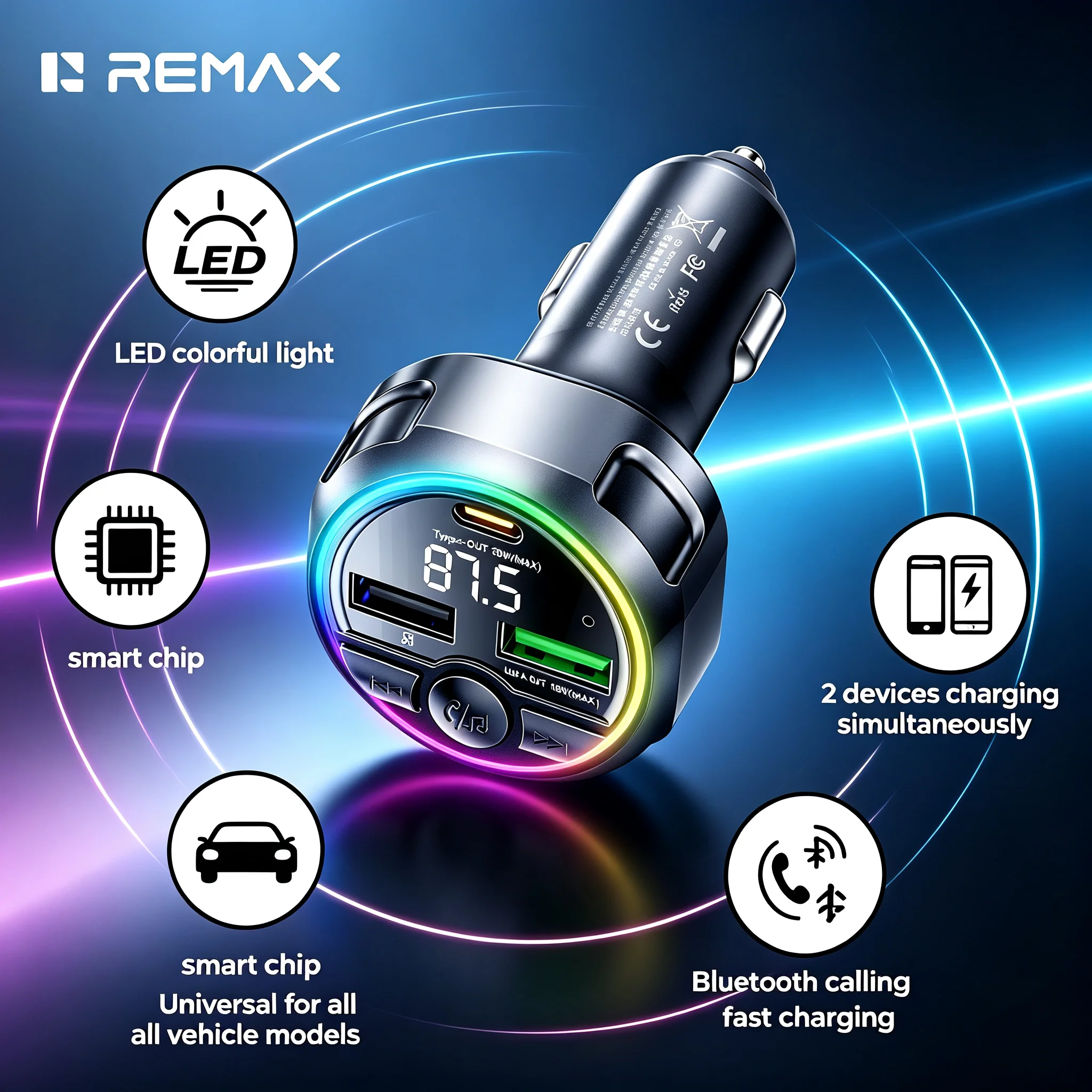 REMAX 48W Dual Port Fast Car Charger PD30W QC18W RGB Light Bluetooth Hands Free For Laptop Tablet Phone