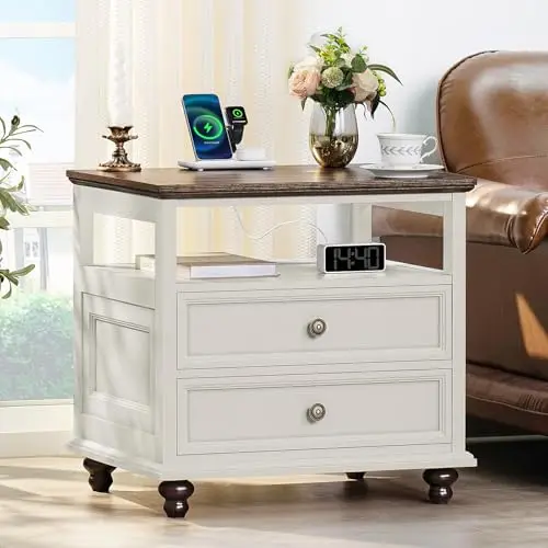 Farmhouse Nightstand with Charging Station, 24" Wide End Table with 2 Drawers,White Wood Dresser for Bedroom, Bed Side