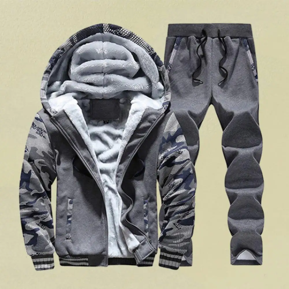 

New Fleece Men Set Fashion Brand Tracksuit Lined Thick Sweatshirt + Pants Sportswear Suit Male Winter Warm Hooded Outerwear Suit