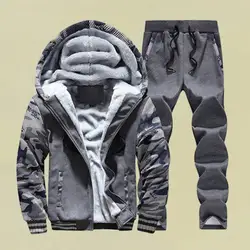 New Fleece Men Set Fashion Brand Tracksuit Lined Thick Sweatshirt + Pants Sportswear Suit Male Winter Warm Hooded Outerwear Suit