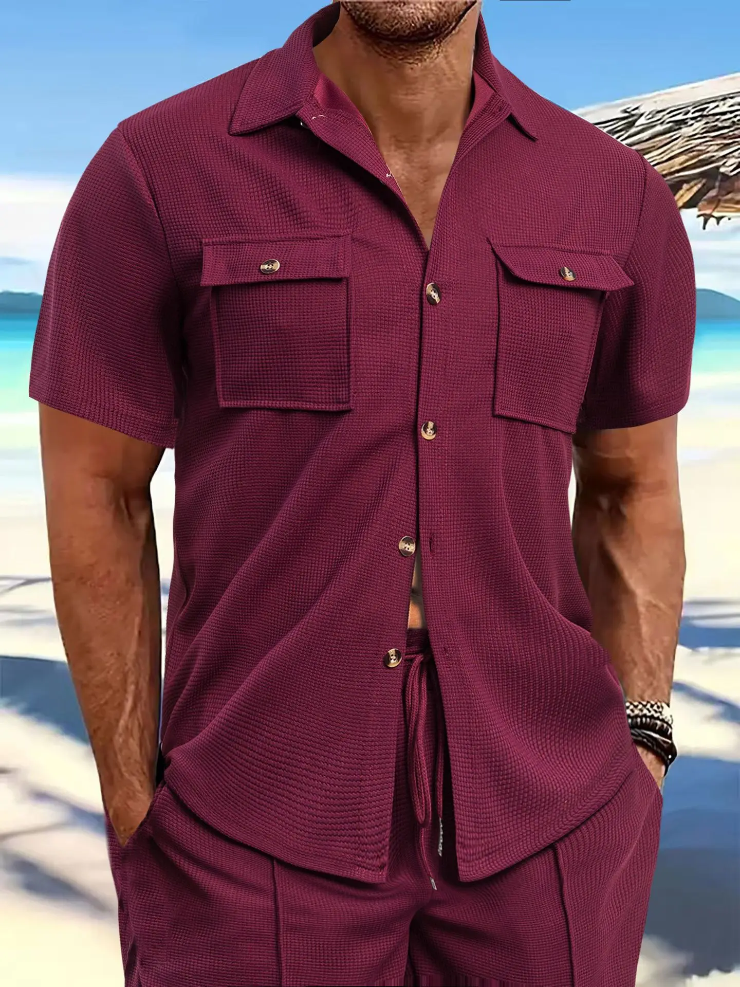 Summer Men's Waffle short-sleeved loose shirt Casual solid color lapel button pocket Stylish All-match comfortable shirt top