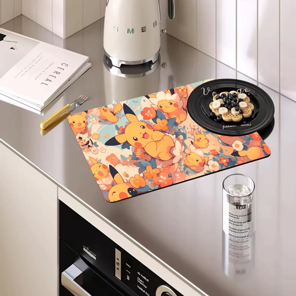 Amine P-Pokemons Kitchen Tableware Dish Drying Mats Desk Drain Pad Heat Resistant Counter Top Mat Non-slip Draining Placemat