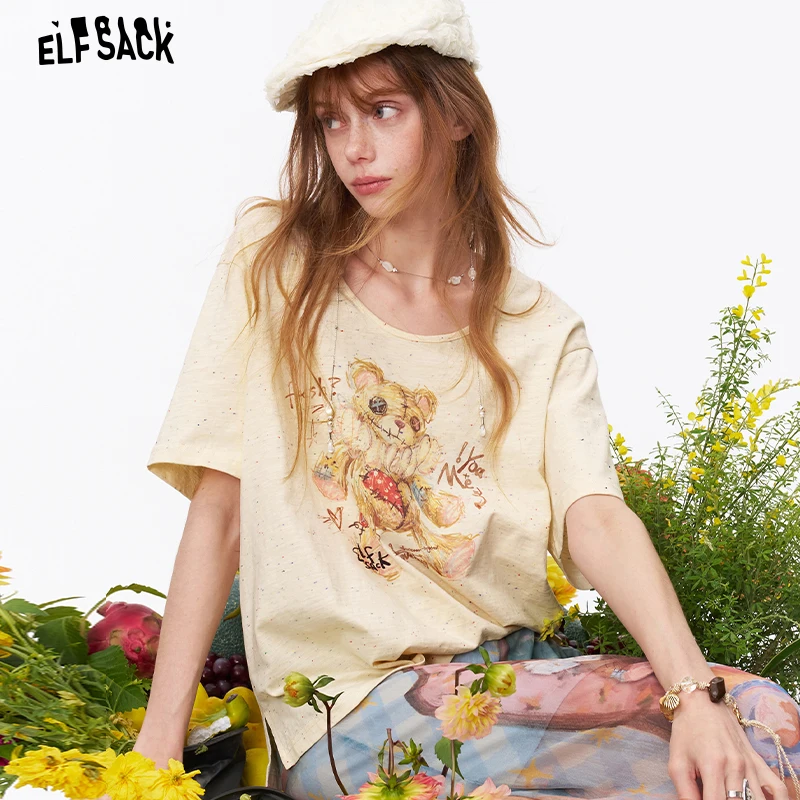 

ELFSACK Футболка с круглым вырезом и короткими рукавами с милым принтом медведя, вязаная футболка оверсайз из цветной пряжи, милый повседневный топ для женщин