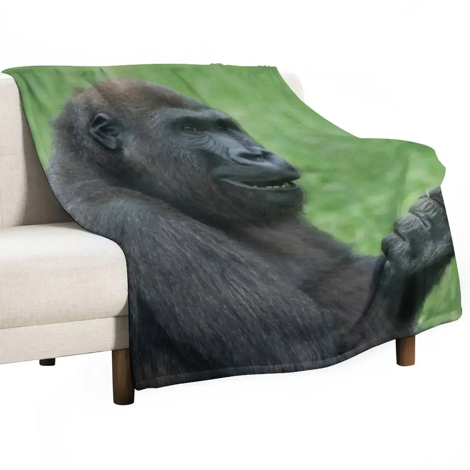 

Gorilla Lope Sitting In The Green Summer Grass Throw Blanket Spring Fall Cozy Throw Blanket for Couch