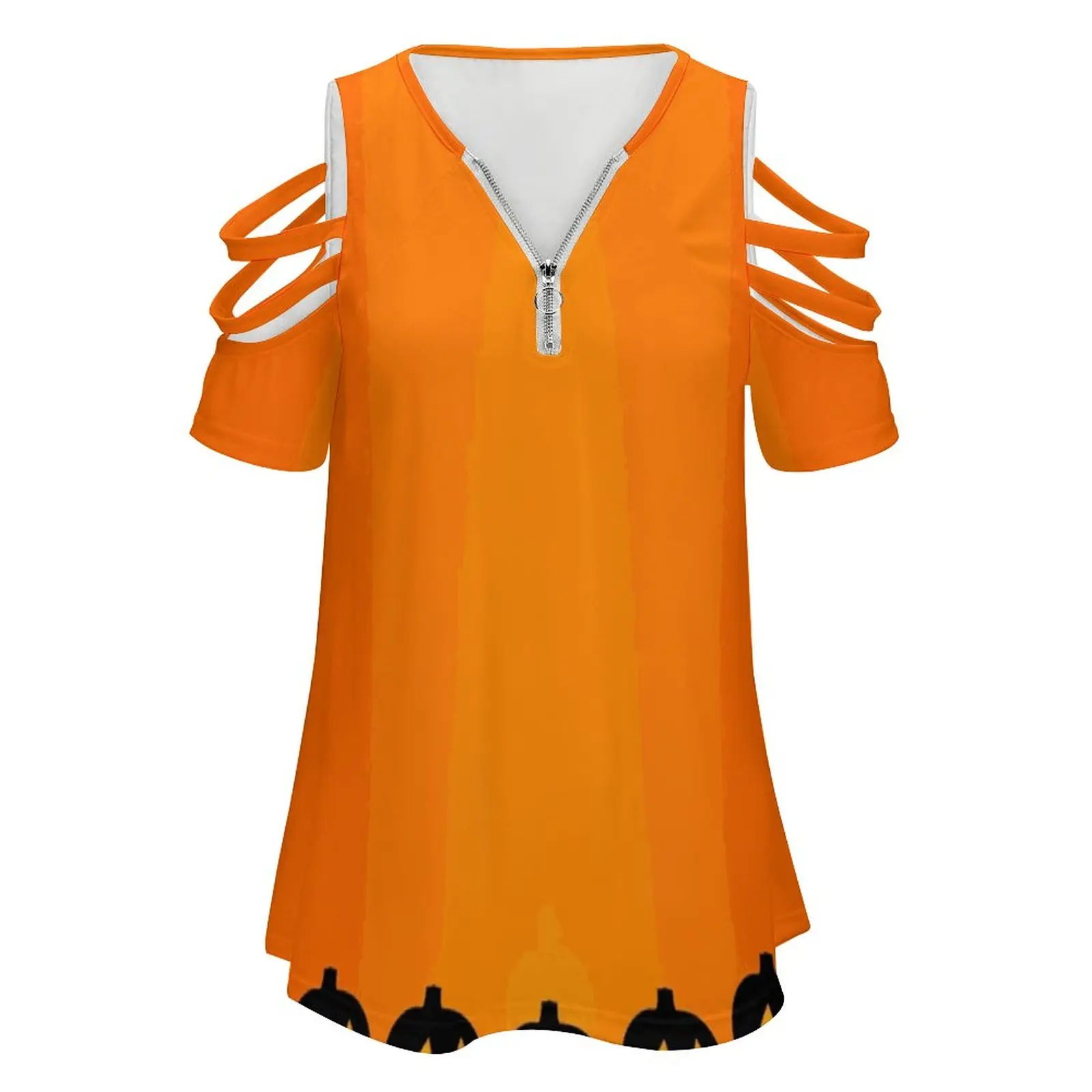 Jack-O'-Lanterns New Fashion Zip Off Shoulder Top Short-Sleeve Women Shirt Pumpkins Jack Olantern Jack O Lantern Halloween