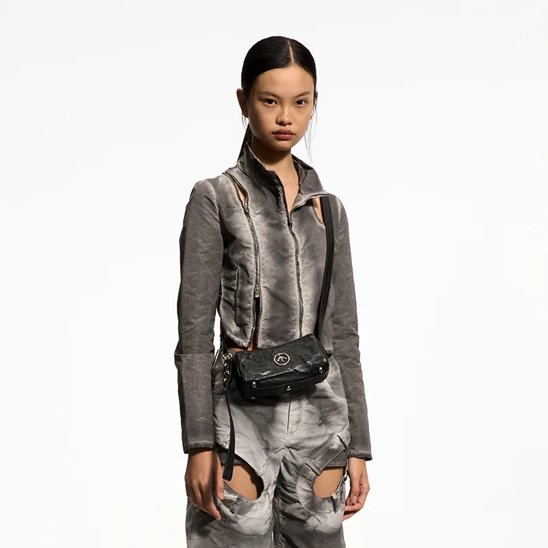 GROTTO Fashion 2025 New Genderless Black Stone Mini Wrinkled Genuine Leather Shoulder Bag